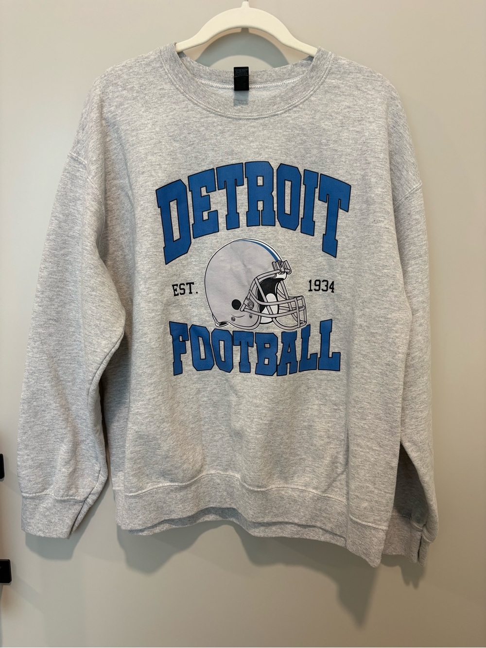 Gildan Gray Crewneck Sweatshirt with Blue Detroit Football Graphic